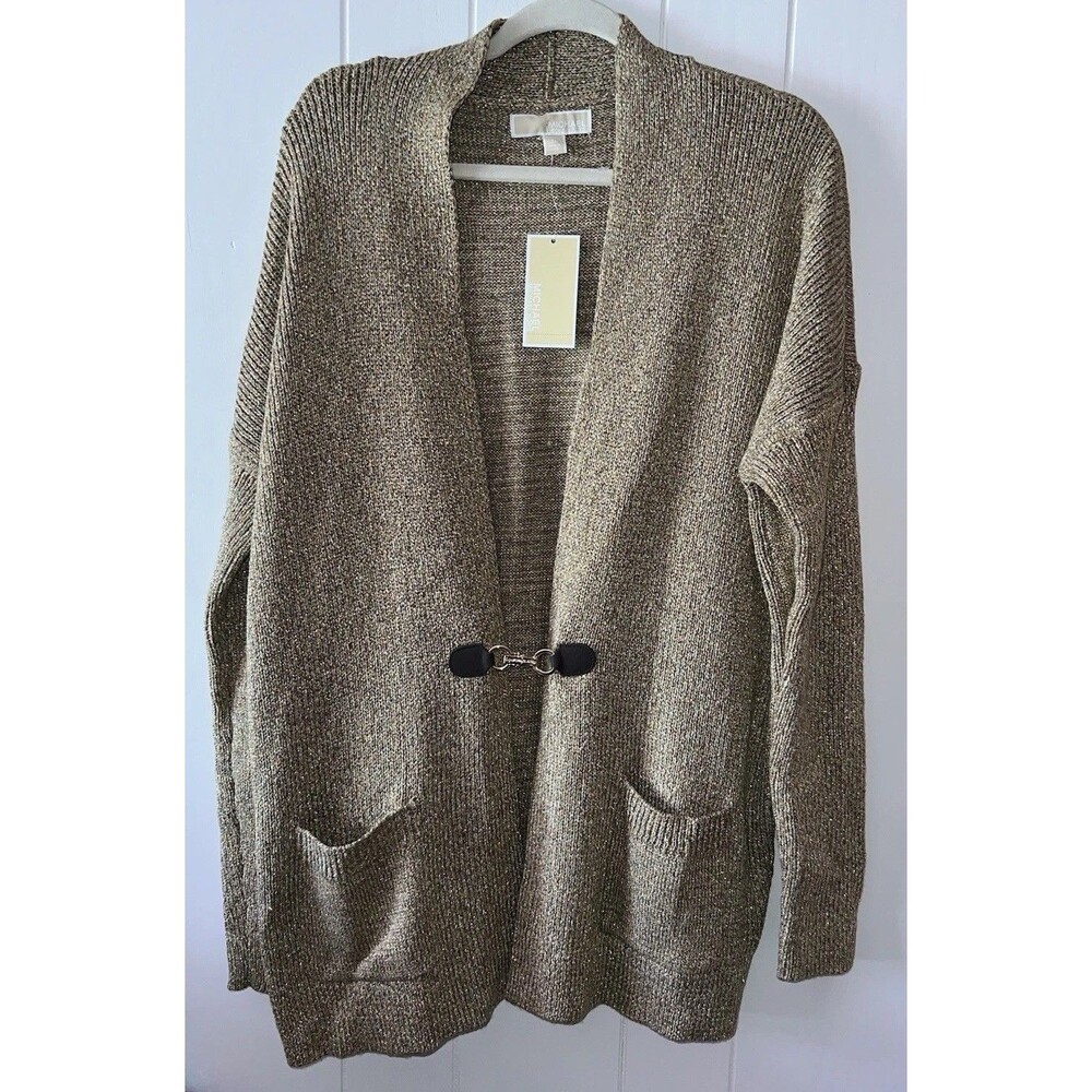 MICHAEL KORS  Women's Metallic Beige Gold Clasp Cardigan Size XL With Pockets